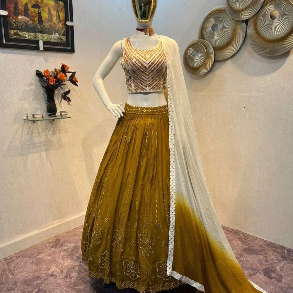 BEAUTIFUL READY TO WEAR FULL STITCH GWEORGETTE SEQUENCE EMBROIDERY WORK LEHENGHA - Picture 5 of 7